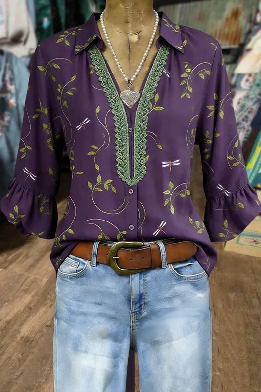 Vintage Floral Print Embroidered V-Neck Half Sleeve Blouse