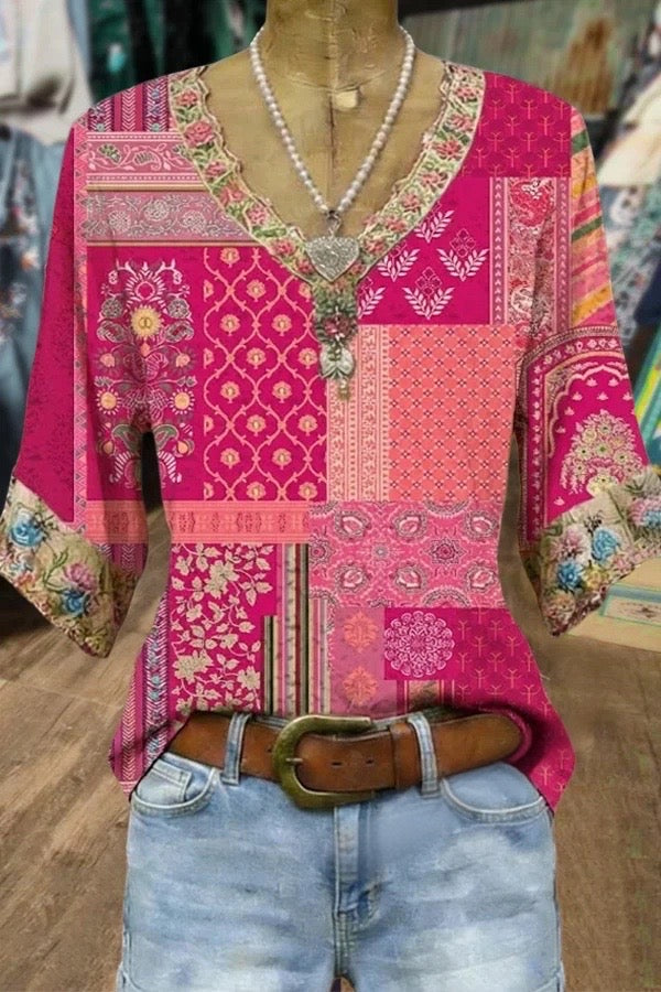 Mixed Floral Print V-Neck Blouse