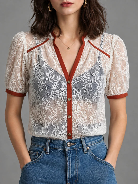 Ivory Lace Puff Sleeve Blouse
