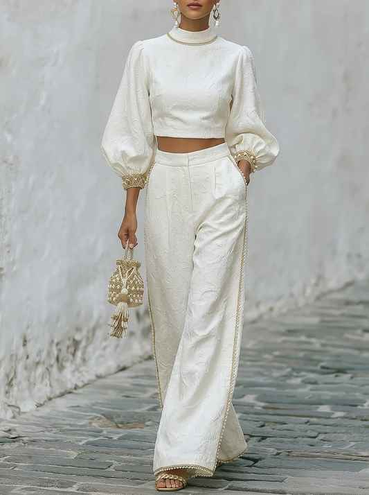 Cropped Puff Sleeve Top And Embellished Wide-Leg Pants Set