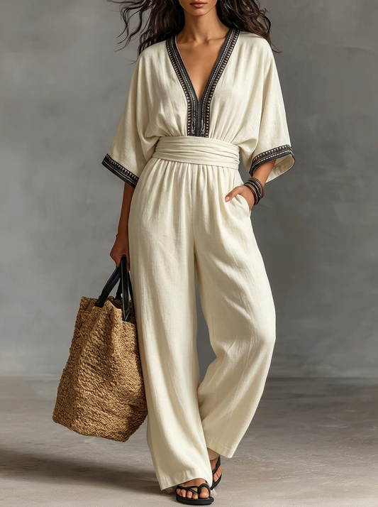 Embroidered Trim Kimono Sleeve Jumpsuit