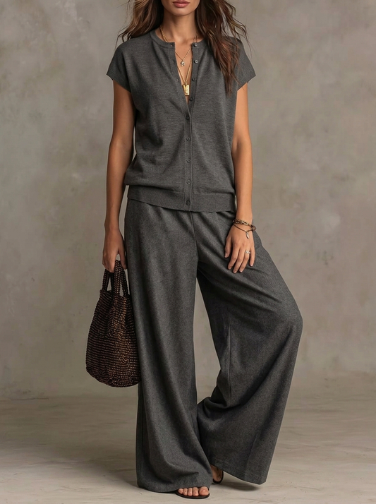 Soft Knit Button-Front Top And Wide-Leg Pants Set