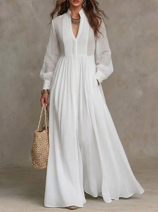 Long Sleeve Pleated Plunge V-Neck Maxi Dress