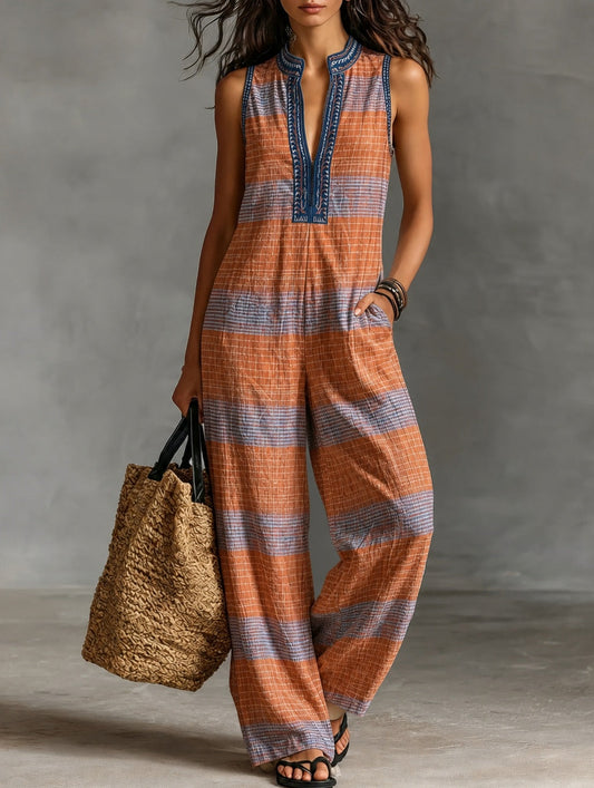 Embroidered Trim Striped Sleeveless Wide-Leg Jumpsuit