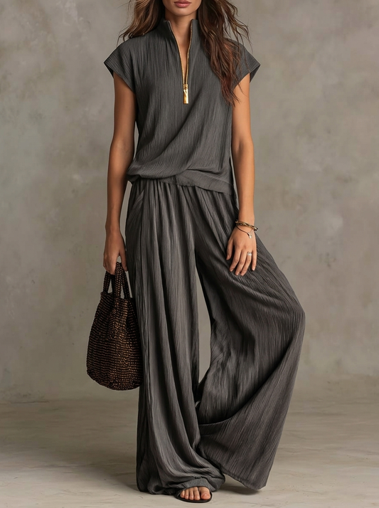 Pleated Half-Zip Short Sleeve Top And Wide-Leg Pants Set