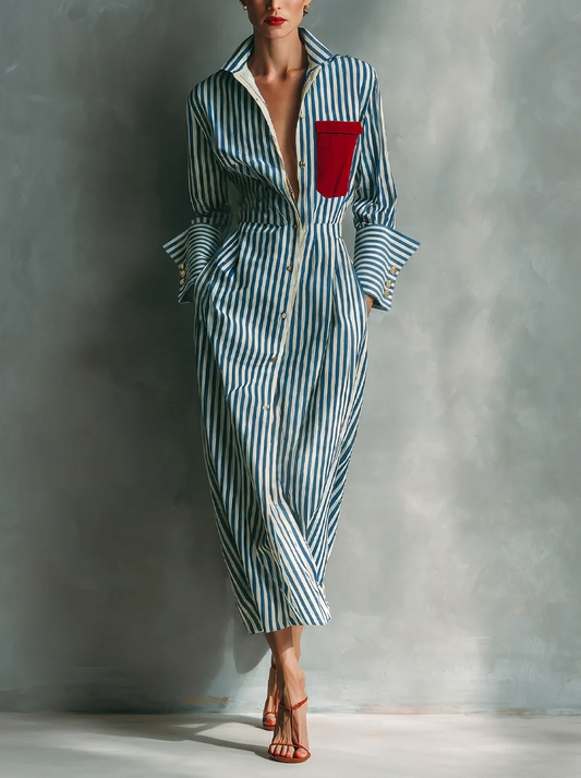 Blue Stripe Contrast Pocket Long Sleeve Shirt Dress