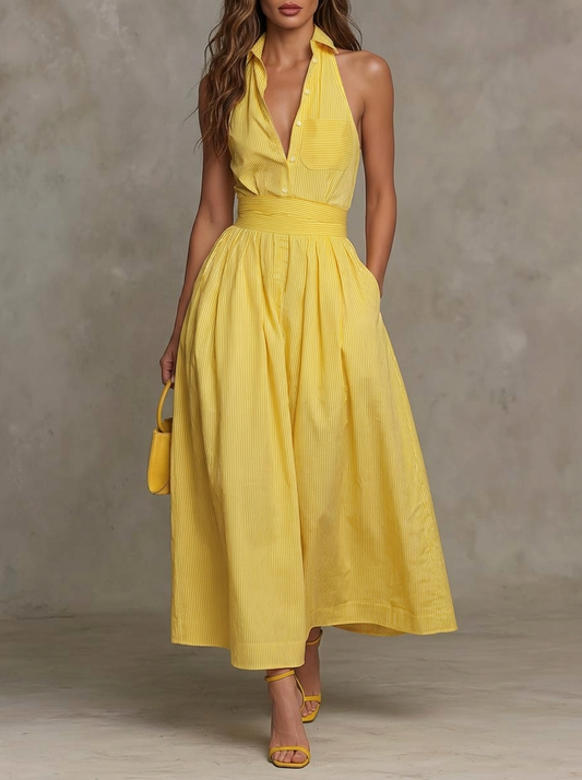 Halter Collared Button-Front Pleated Maxi Dress