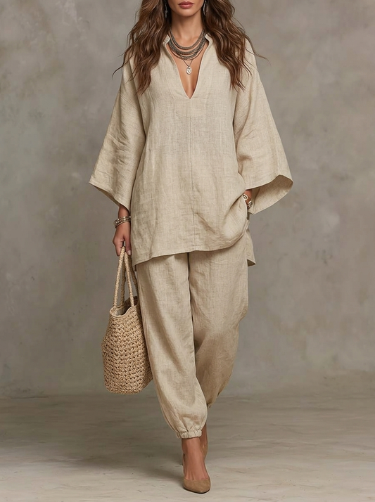 Loose Fit Linen V-Neck Top And Cinched Hem Pants Set