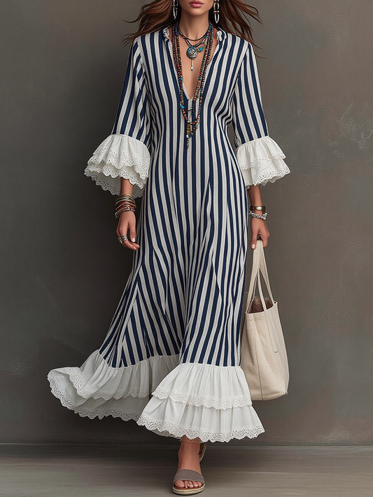 Striped Deep V-Neck Lace Ruffle Hem Maxi Dress