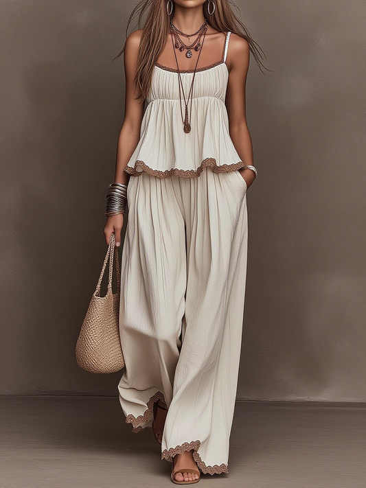 Crochet Trim Spaghetti Strap Top And Wide-Leg Pants Set