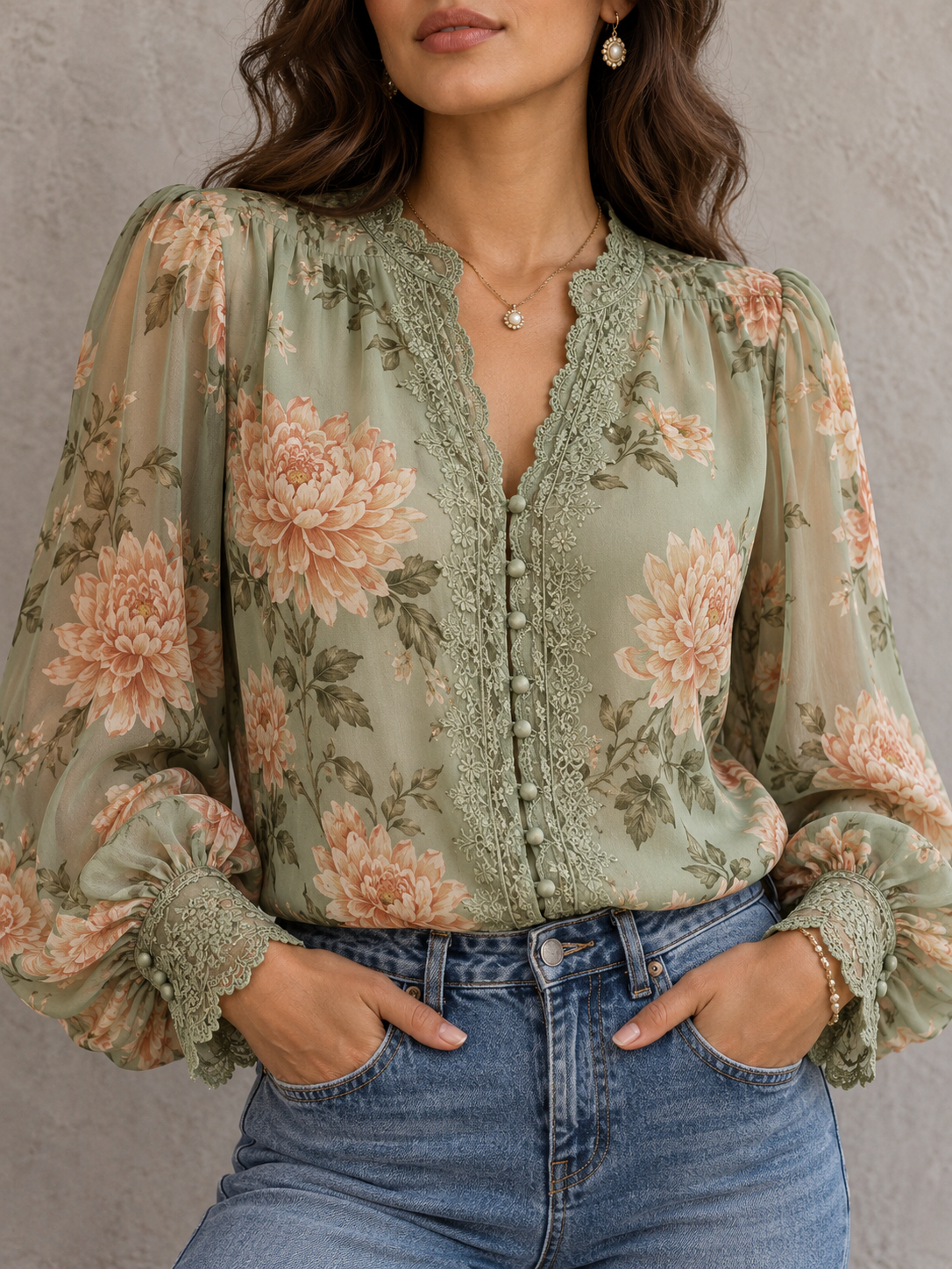 SageGreen Floral Print Lace Trim Long Sleeve Blouse