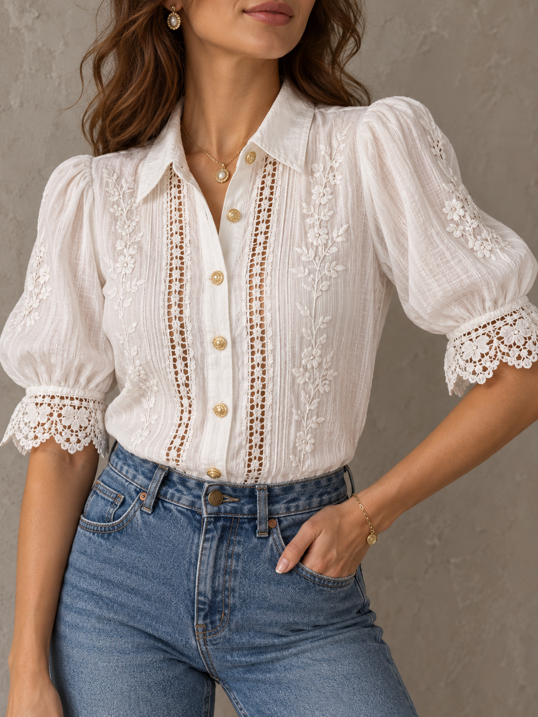 White Embroidered Lace Trim Puff Sleeve Blouse