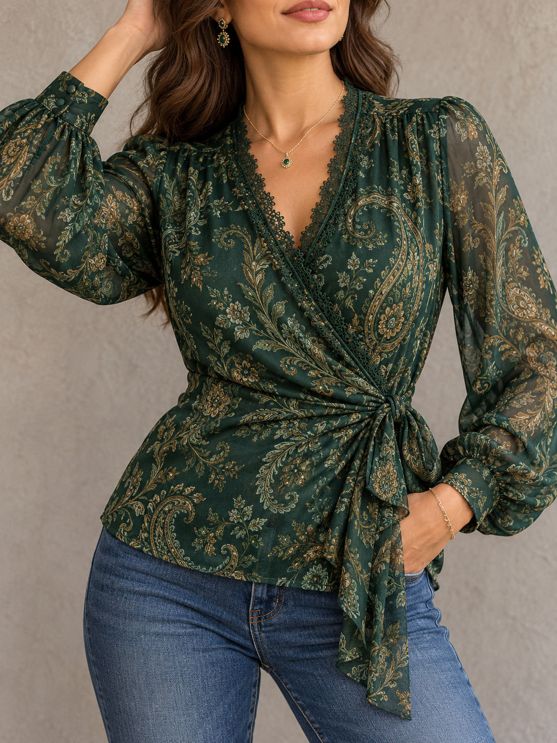 DarkGreen Paisley Print Lace Trim Wrap Blouse