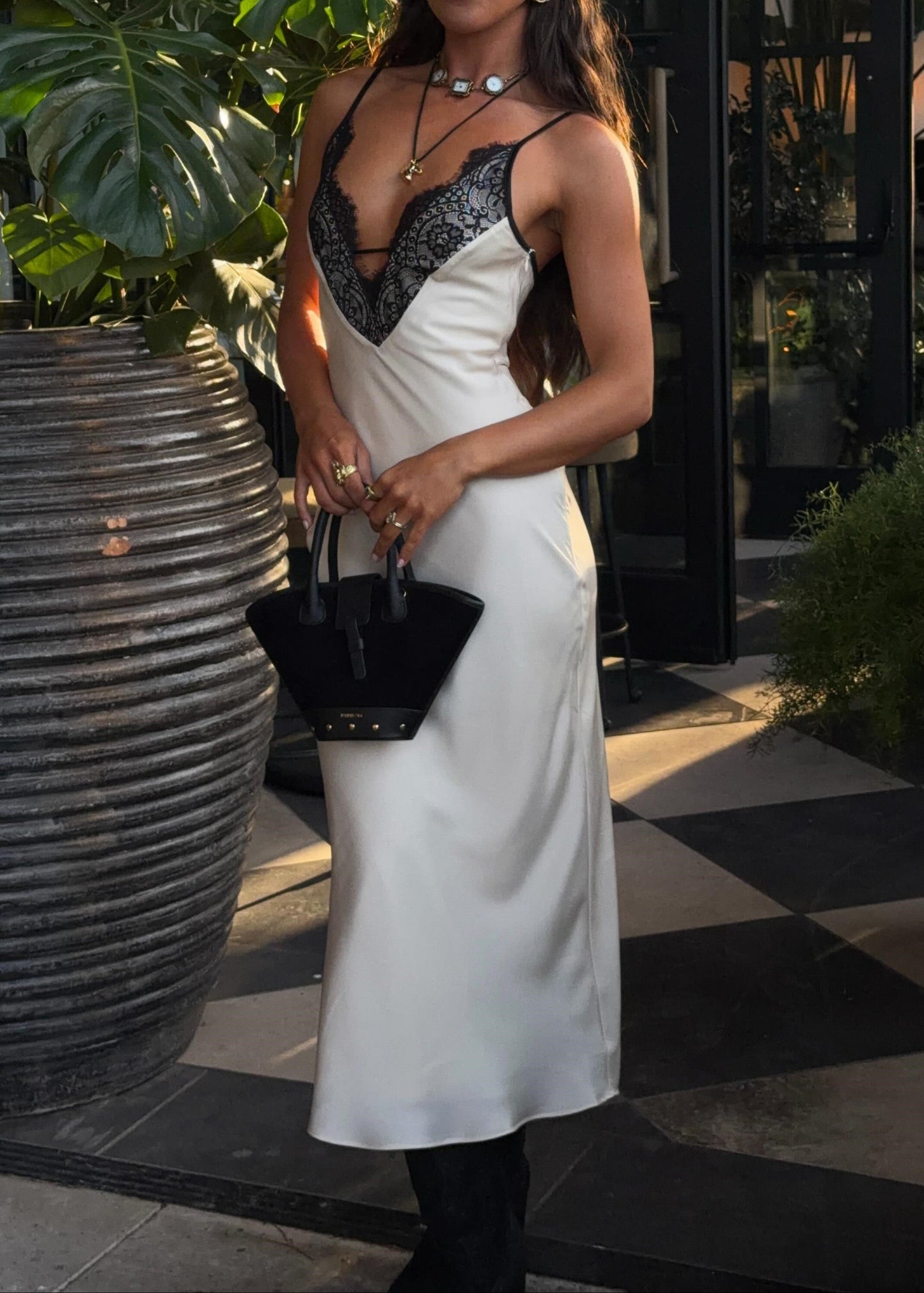 Lace V-Neck Satin Slip Midi Dress