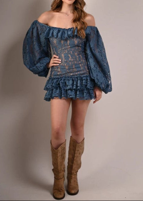 Off-Shoulder Lace Balloon Sleeve Ruffle Mini Dress
