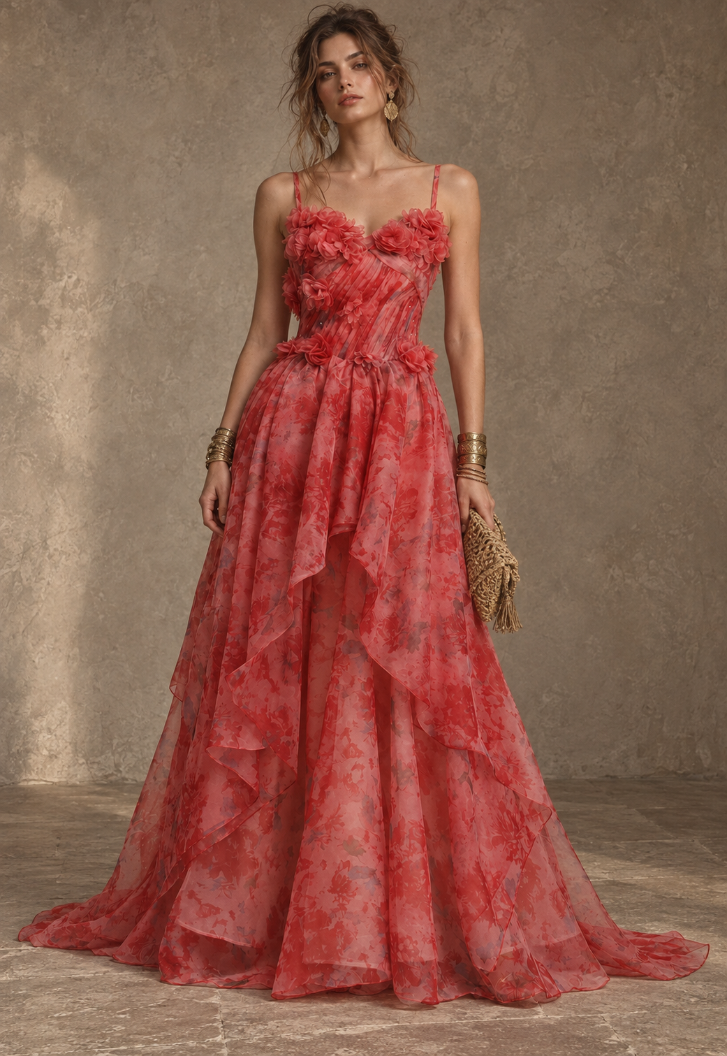 Red Floral Embellished A-Line Maxi Dress