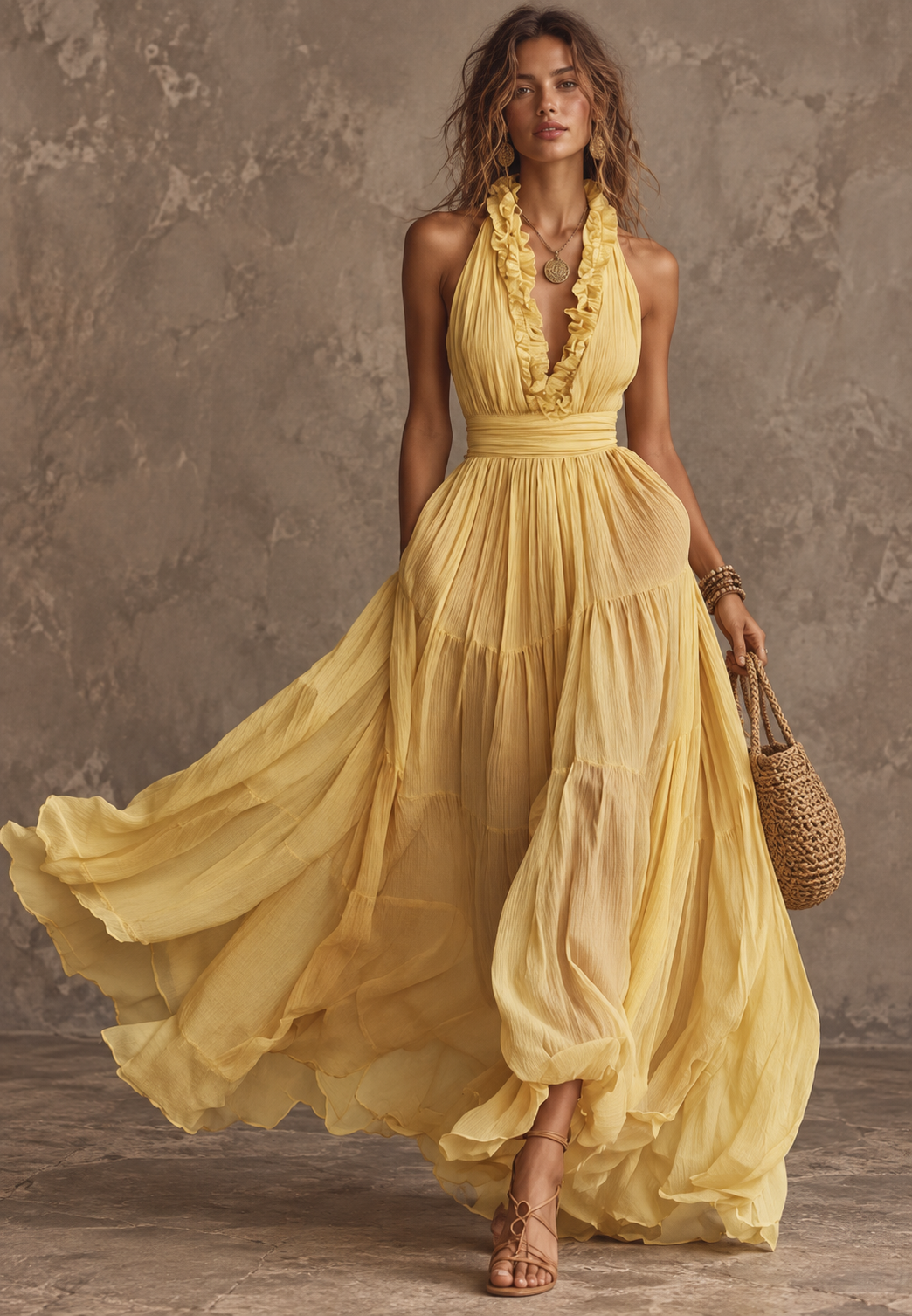 Yellow Pleated Halter Tiered Maxi Dress