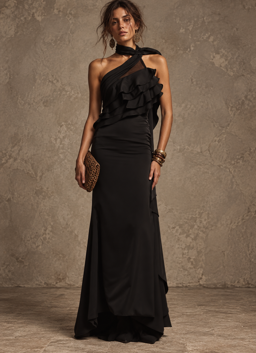 Black One-Shoulder Ruffle Maxi Dress