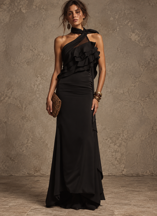 Black One-Shoulder Ruffle Maxi Dress
