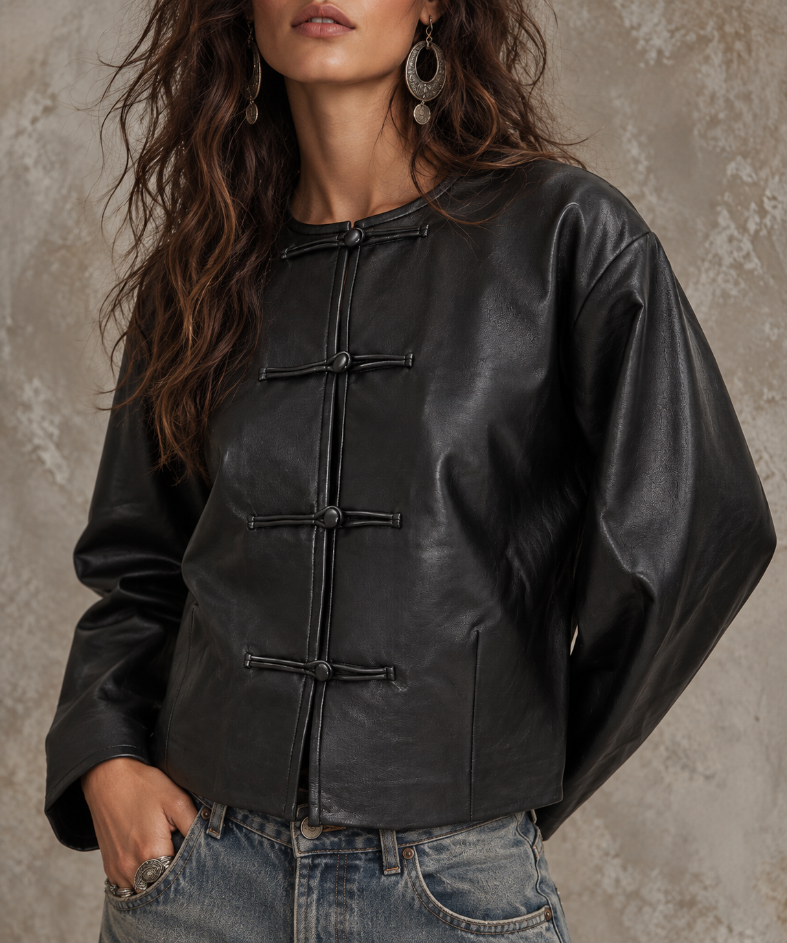 Black Faux Leather Frog Button Jacket