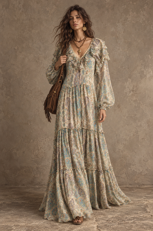 Cream Paisley Print Ruffle Maxi Dress
