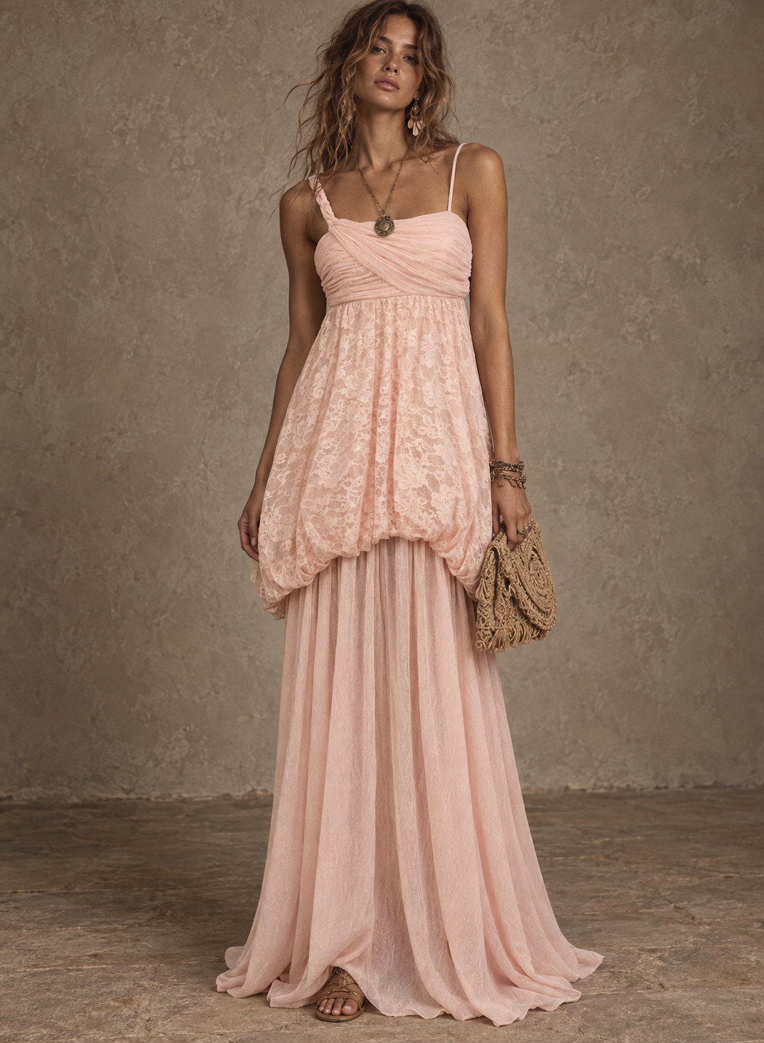 Pink Draped Bubble Hem Maxi Dress