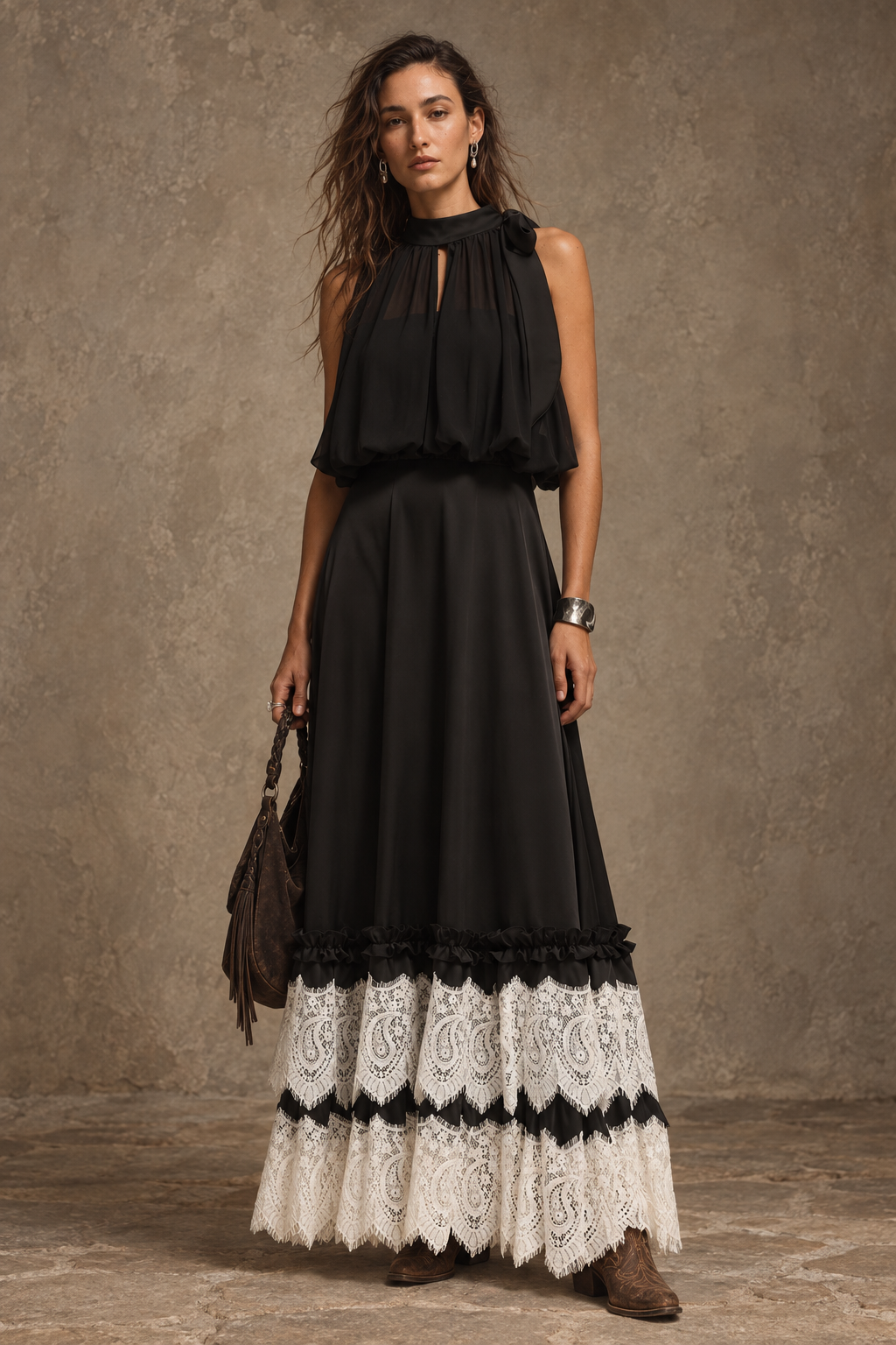 Black White Lace Ruffle Tiered Maxi Dress