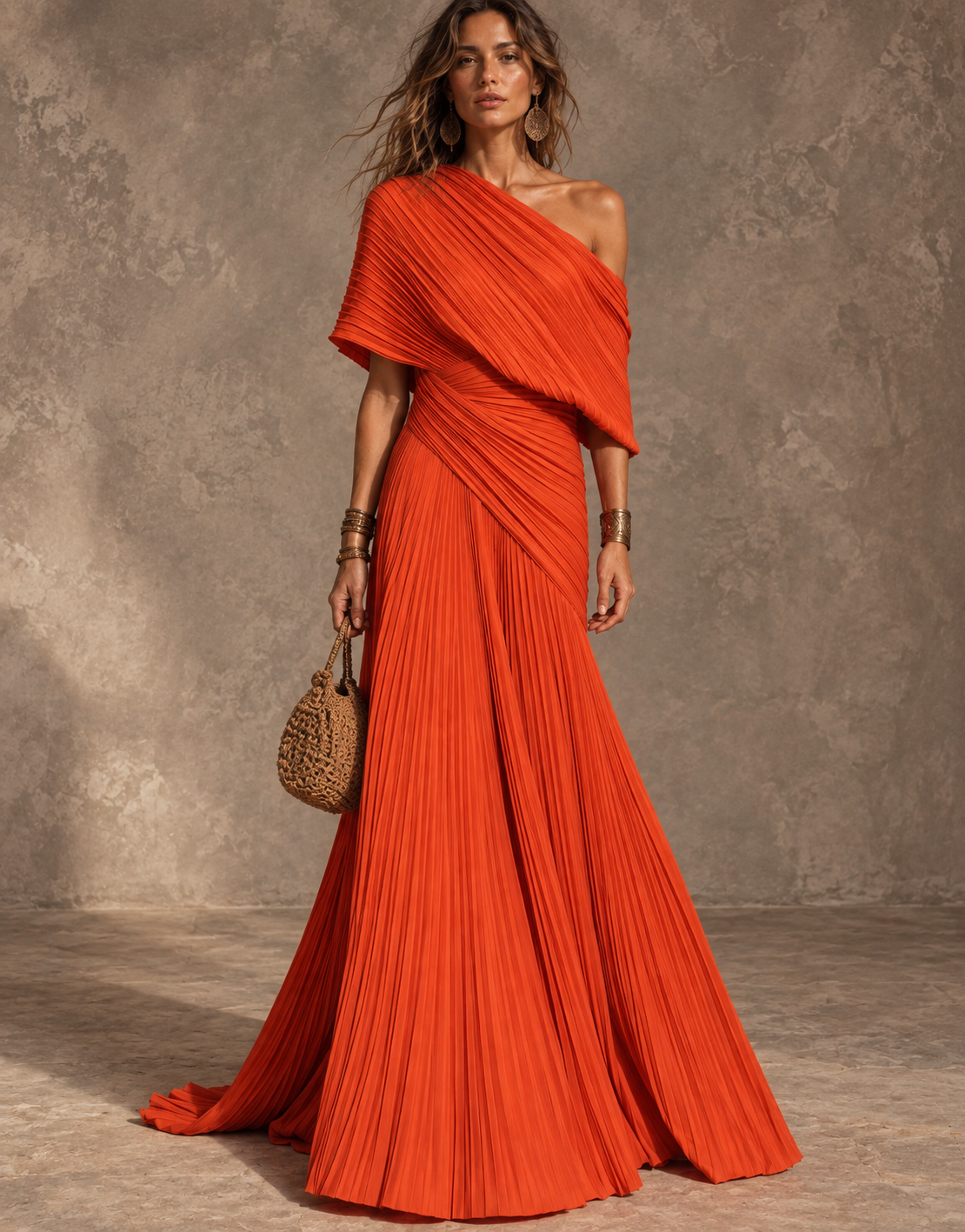Orange One-Shoulder Pleated Maxi Dress
