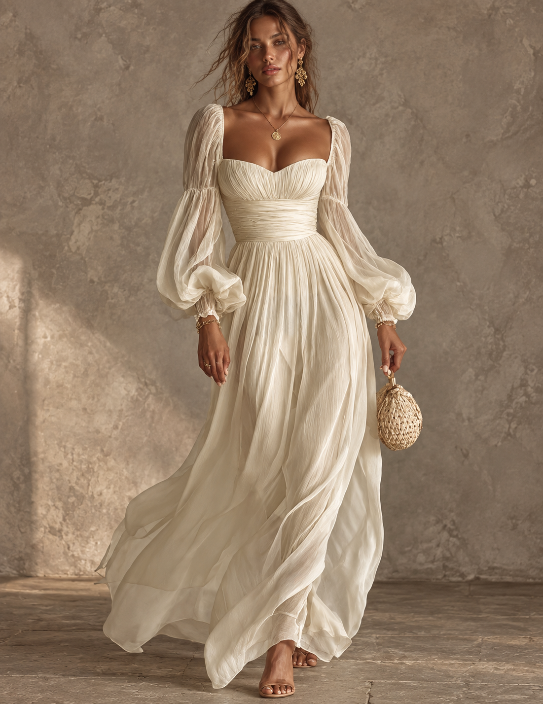 Cream Sheer Puff Sleeve Maxi Dress