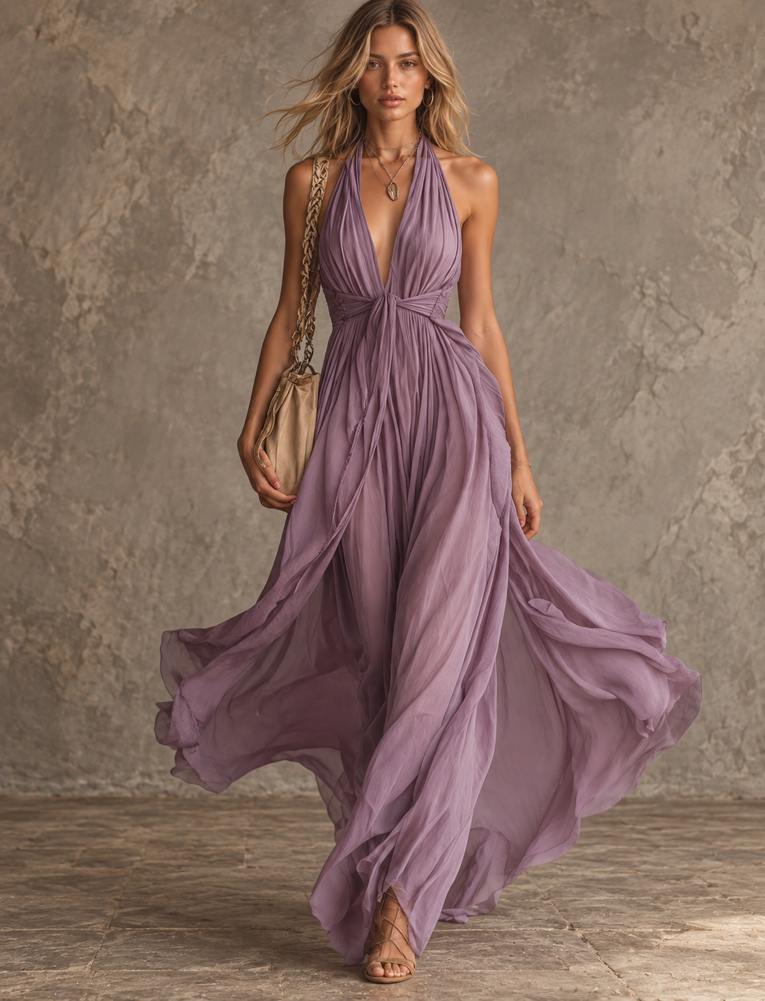 Lavender Pleated Halter Maxi Dress