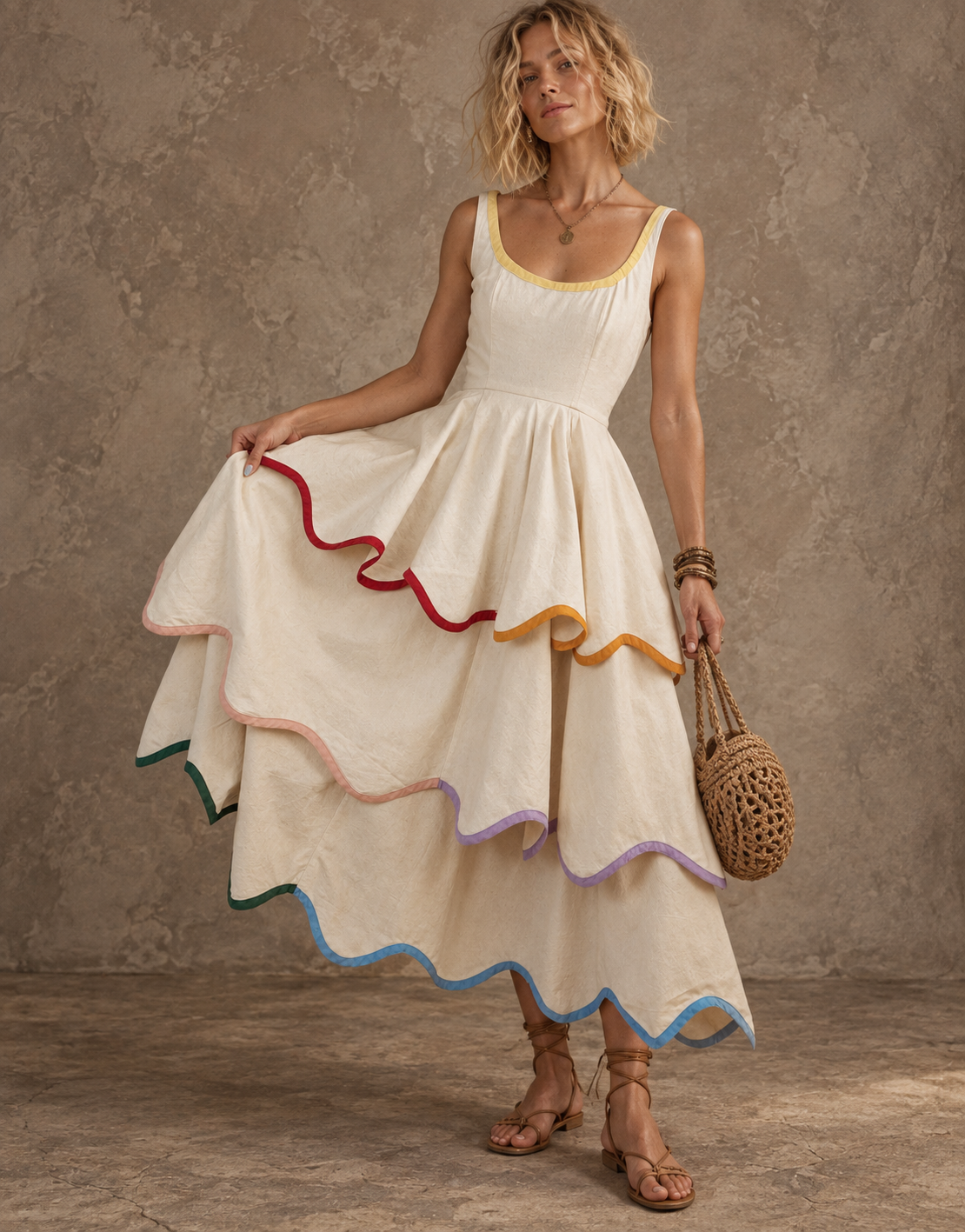 Cream Scalloped Ruffle Midi Dress