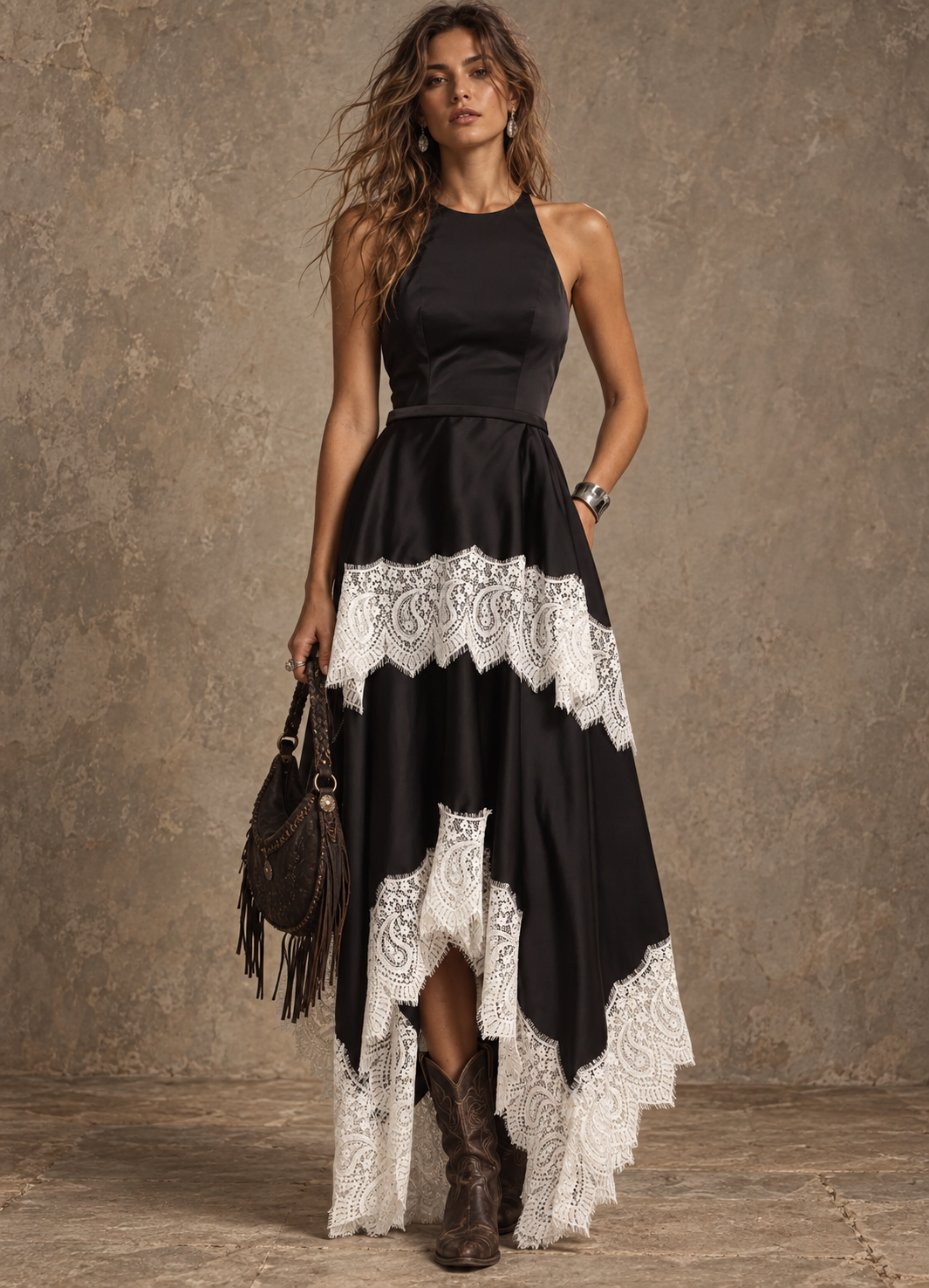 Black Lace Ruffle Tiered Maxi Dress