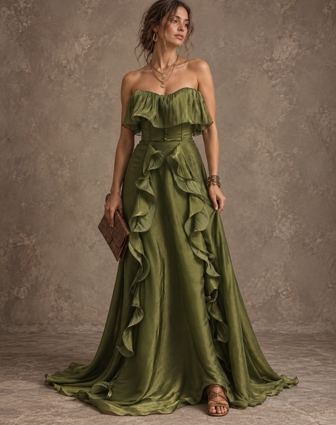 Olive Satin Ruffle Strapless Maxi Dress