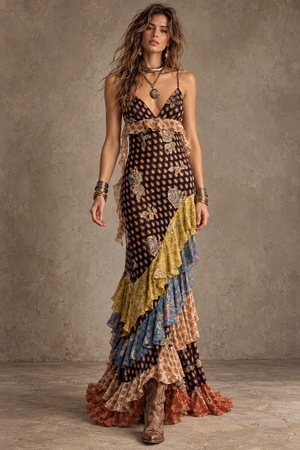 Multicolor Patchwork Ruffle Maxi Dress