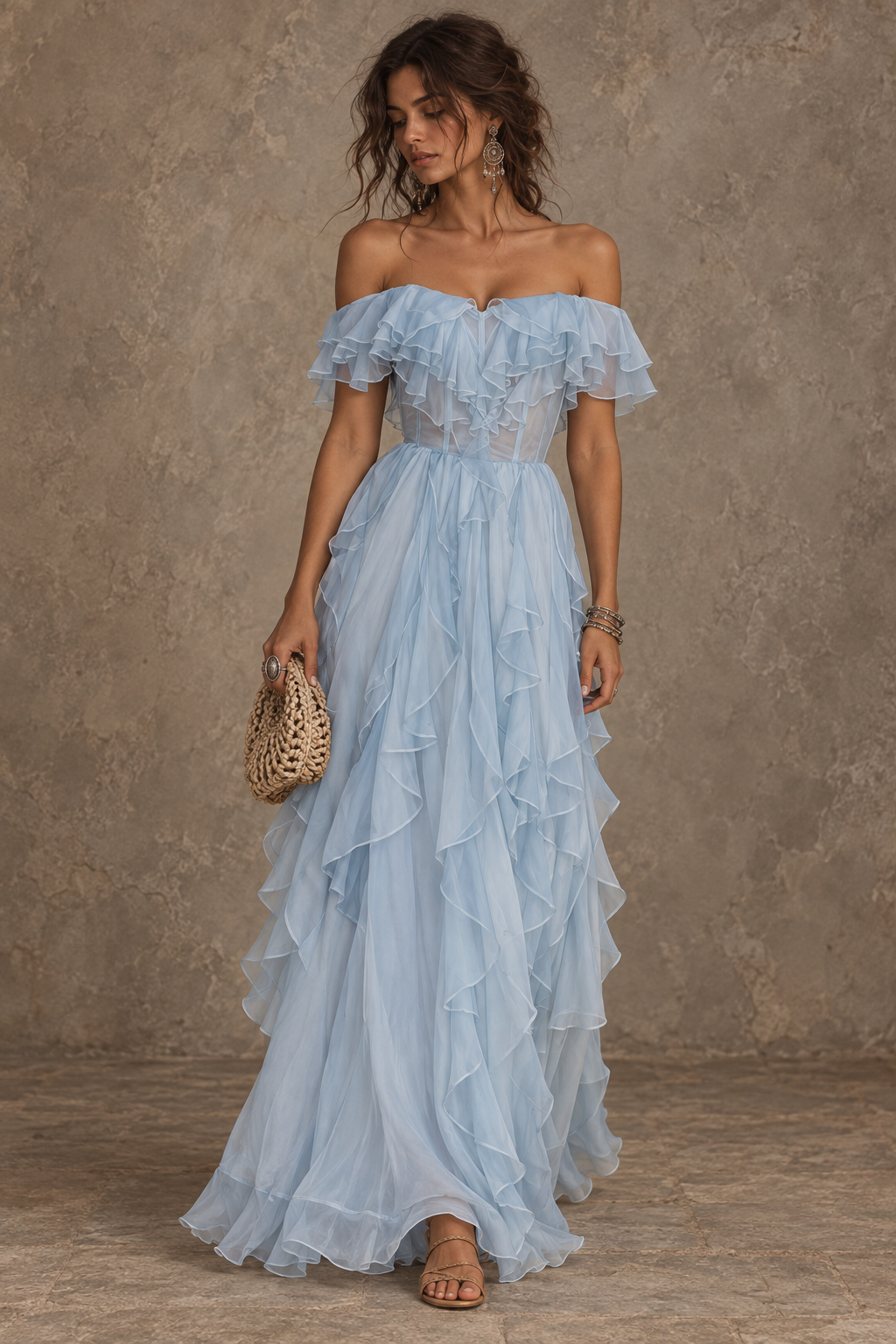 Light Blue Off-Shoulder Ruffle Maxi Dress