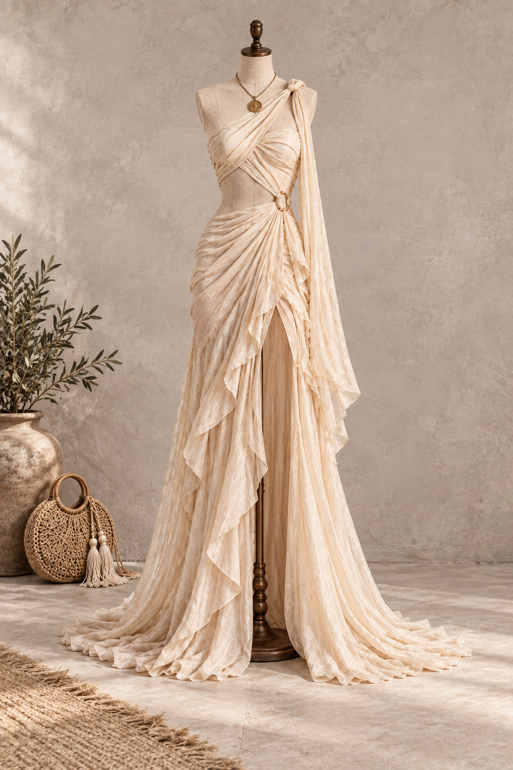 Champagne Draped Corset Maxi Dress