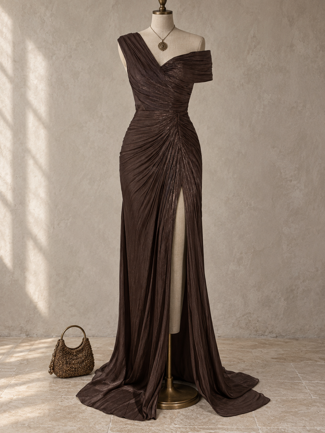 Brown Draped One-Shoulder Maxi Dress