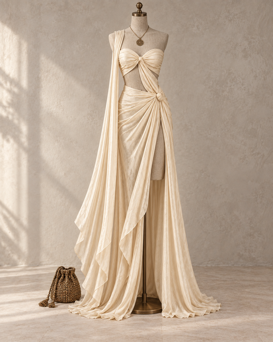 Cream Draped One-Shoulder High Slit Maxi Dress