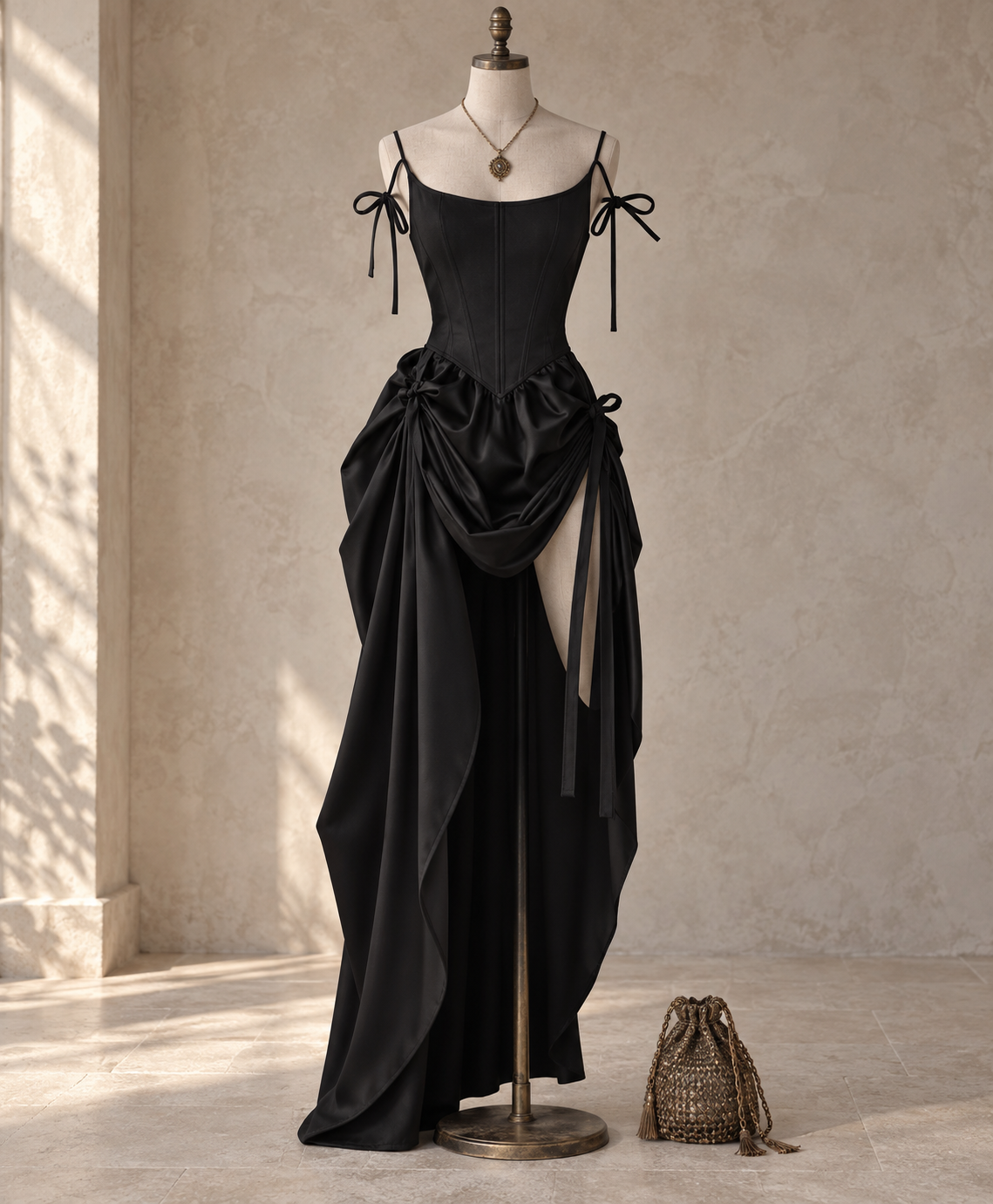 Black Satin Draped Corset High Slit Maxi Dress