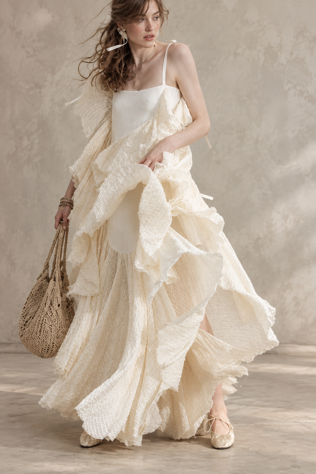 Cream Ruffle Textured High Slit Maxi Dress