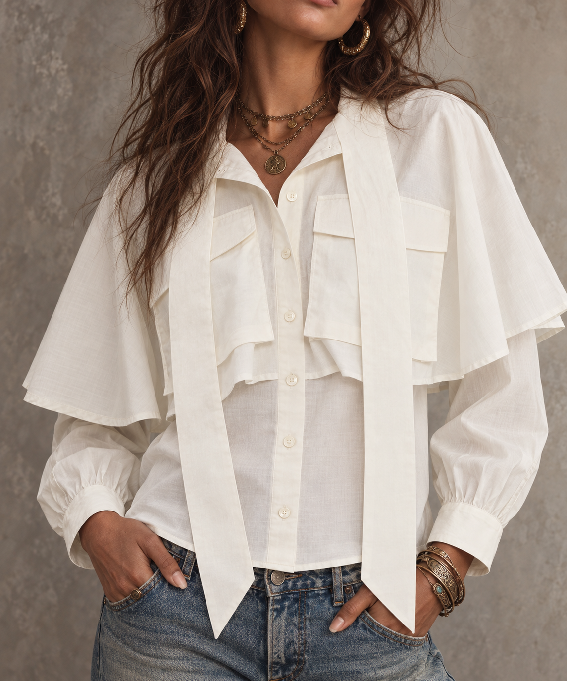 White Ruffle Front Tie Blouse