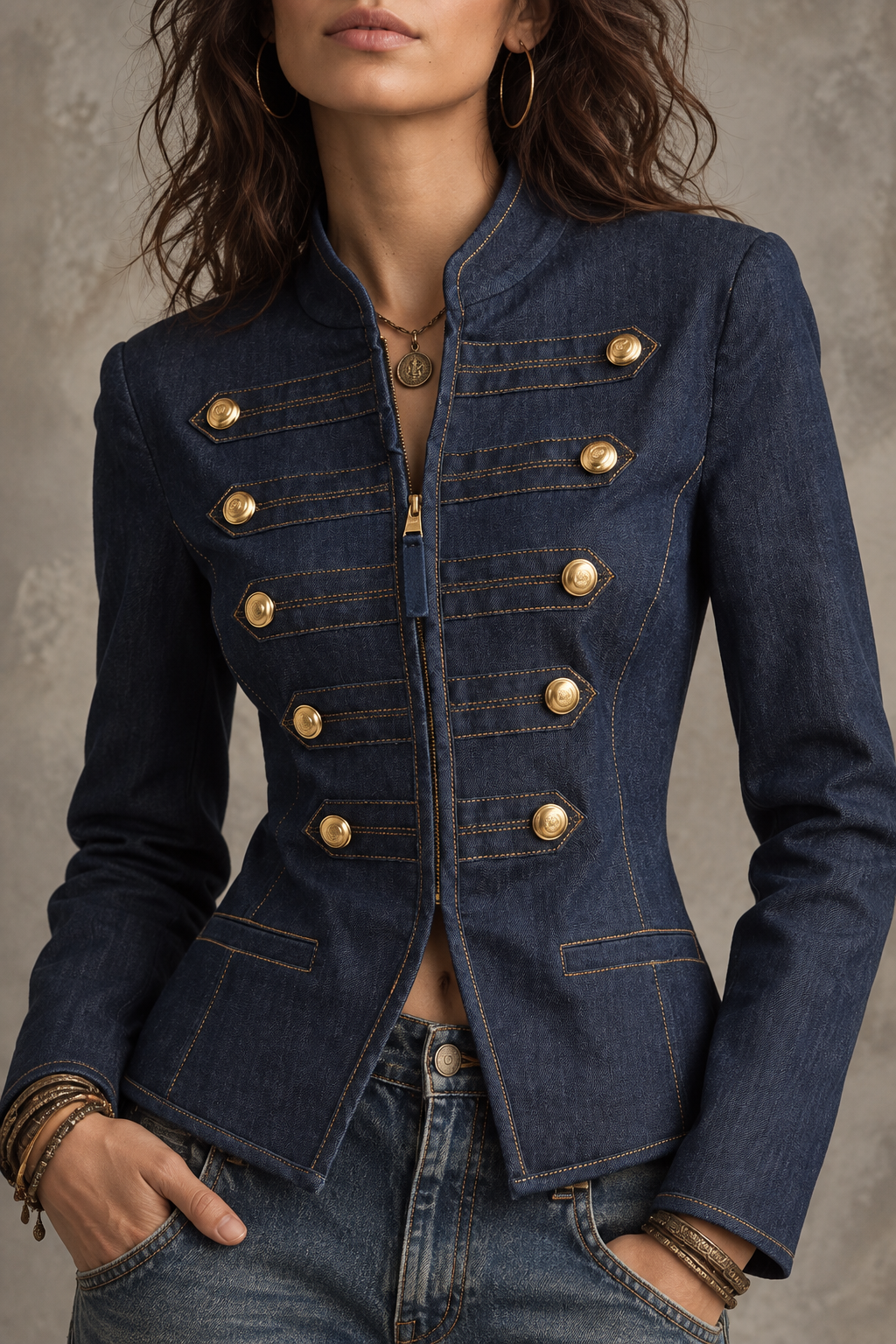 Blue Denim Double Breasted Military Jacket