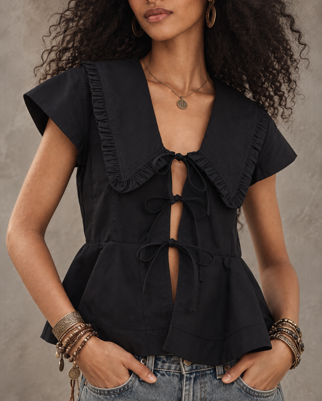 Black Ruffle Collar Tie Front Peplum Top