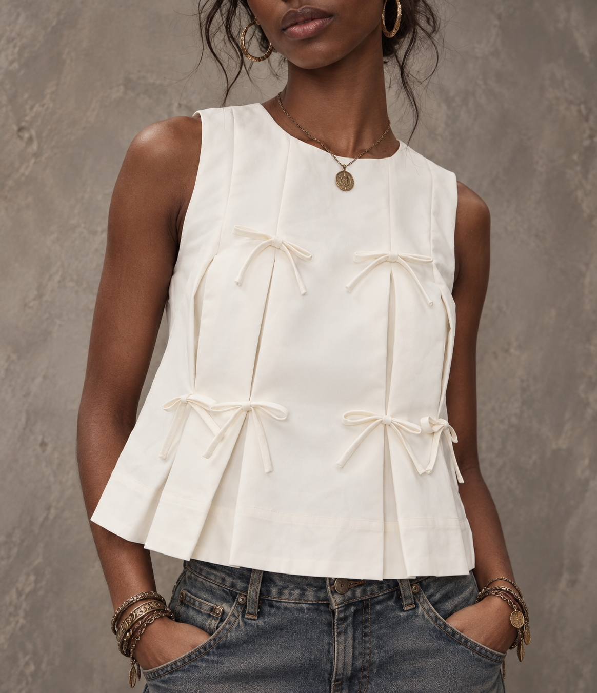 White Bow Detail Sleeveless Peplum Top