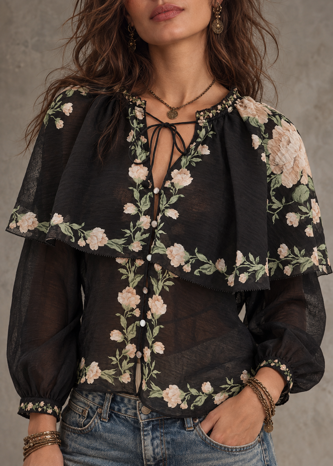 Black Floral Embroidered Sheer Blouse