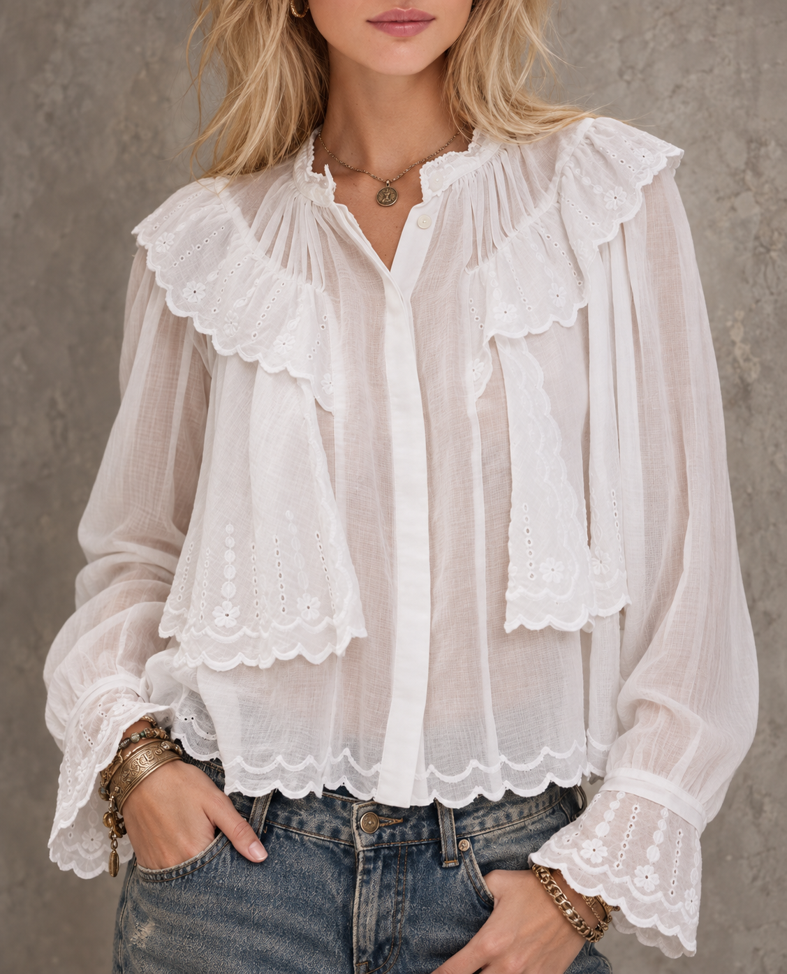 White Sheer Ruffle Button Front Blouse