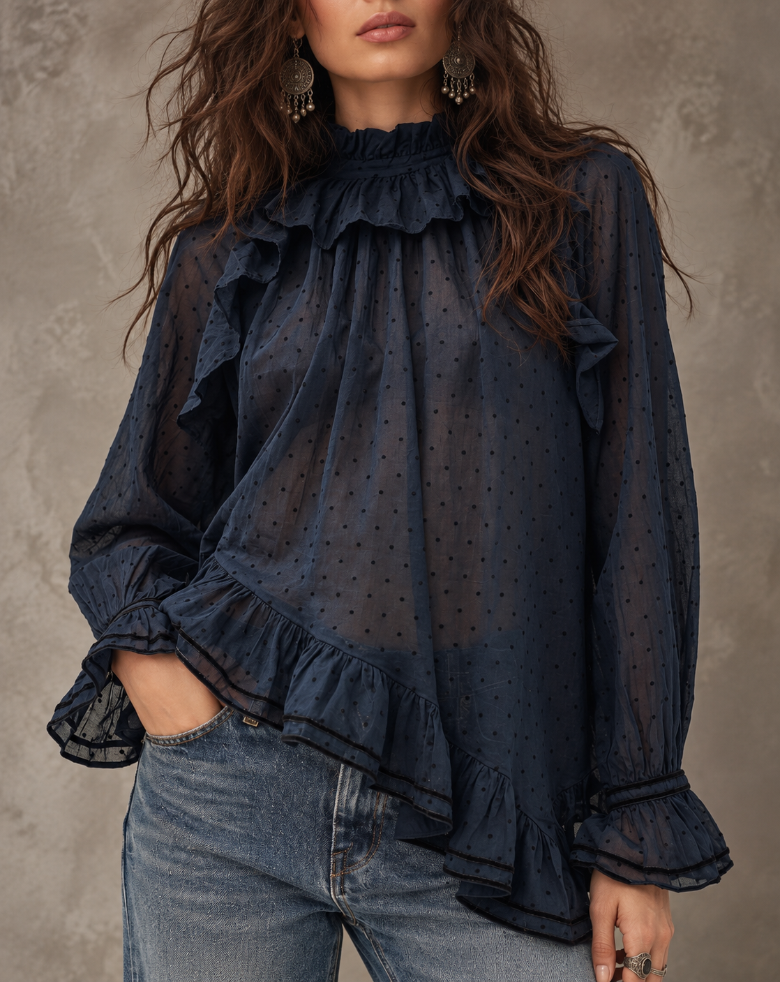 Navy Polka Dot Ruffle Sheer Blouse