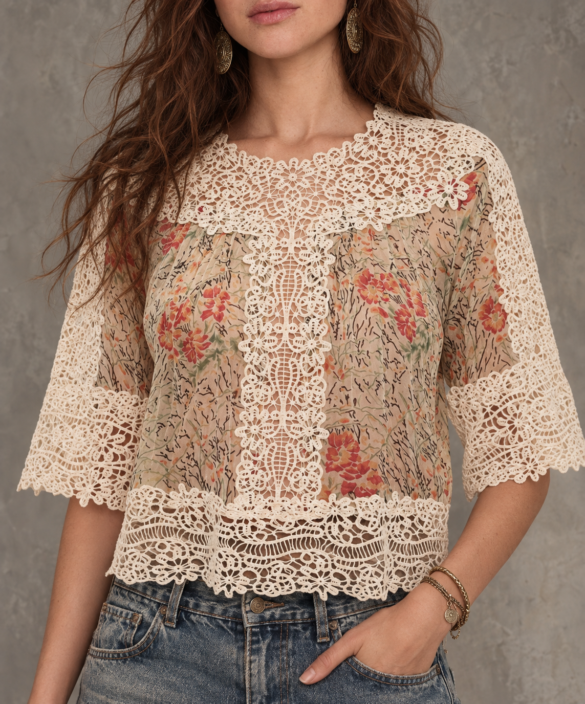 Cream Floral Lace Crochet Top
