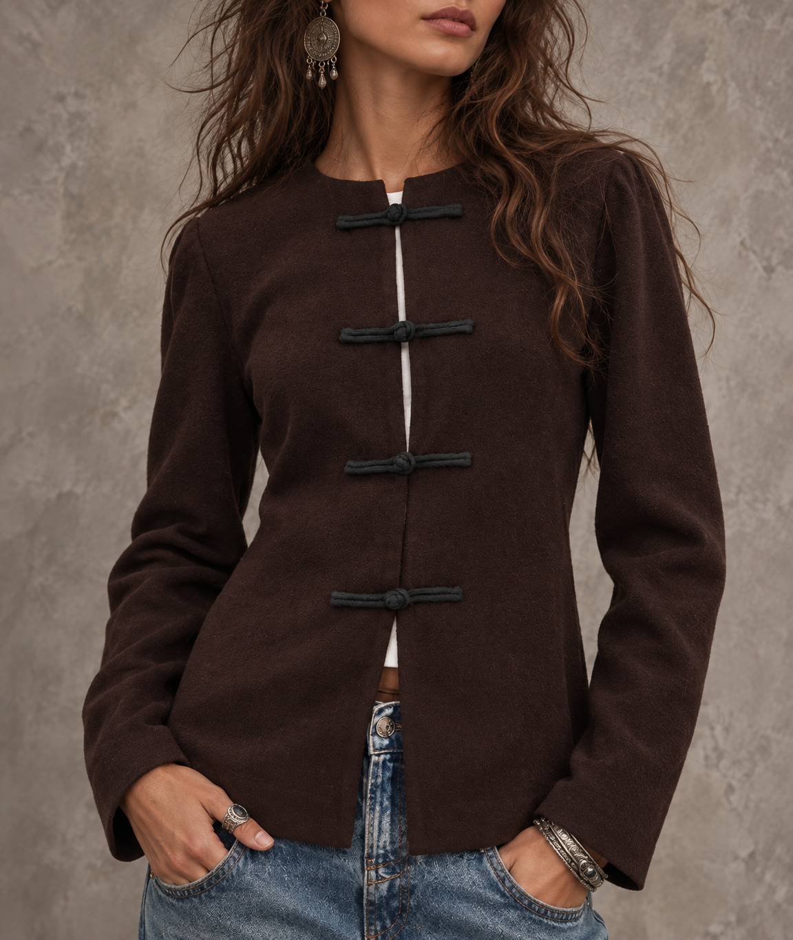 Brown Wool Mandarin Collar Jacket