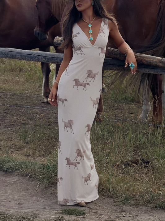 Cream Horse Print V-Neck Maxi Dress